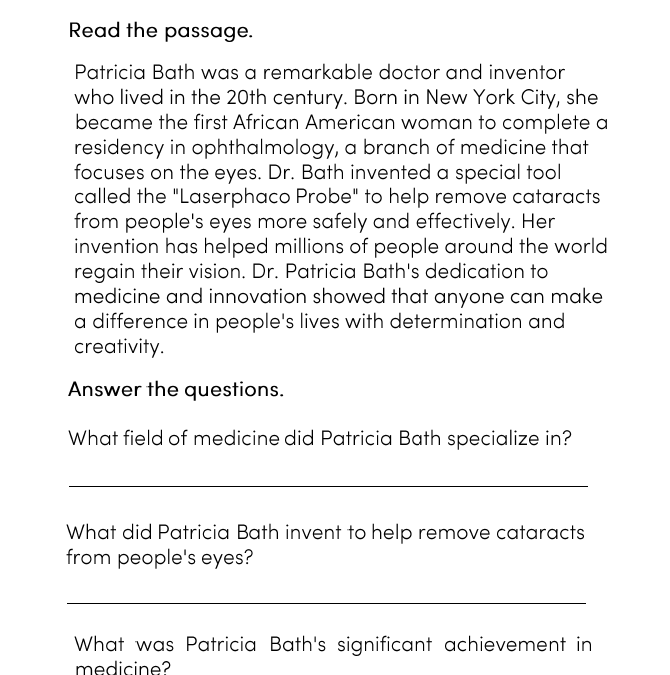 Patricia Bath Reading Comprehension Worksheet for Grade 5