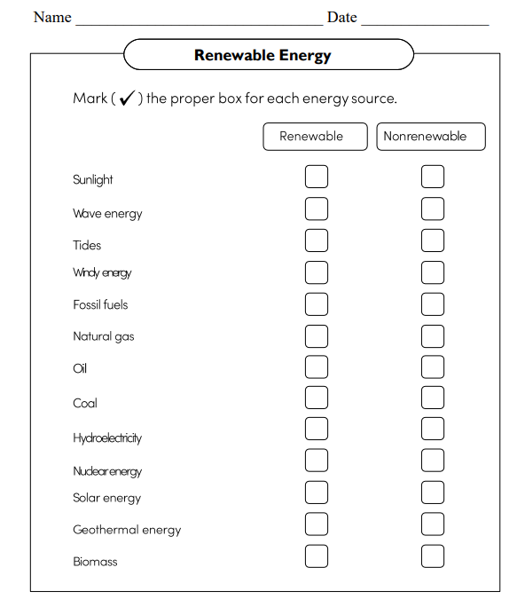 Renewable Energy Science Worksheet for Grade 5