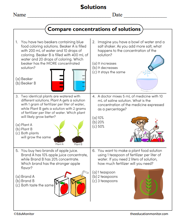 Solutions Science Worksheet_EduMonitor Compare Concentrations of Solutions Science Worksheet