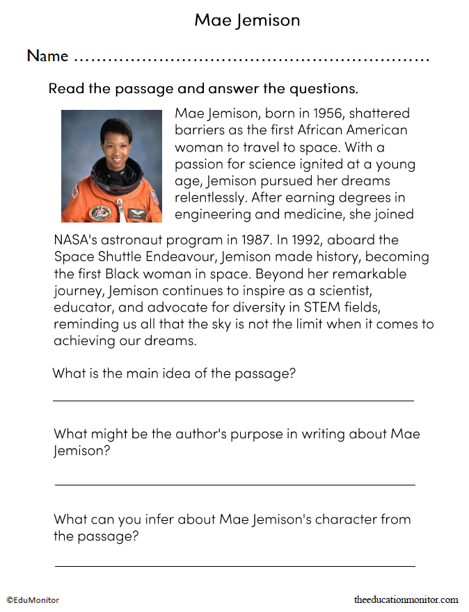 8th Grade Mae Jemison Reading Comprehension Worksheet - EduMonitor