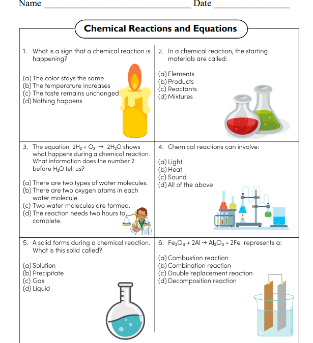 Chemical Reactions and Equations Science Worksheet