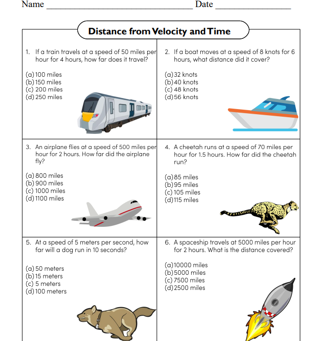 Calculate Distance from Velocity and Time Science Worksheet