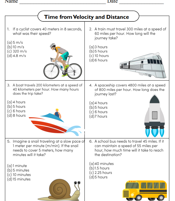 Calculate Time from Velocity and Distance Science Worksheet