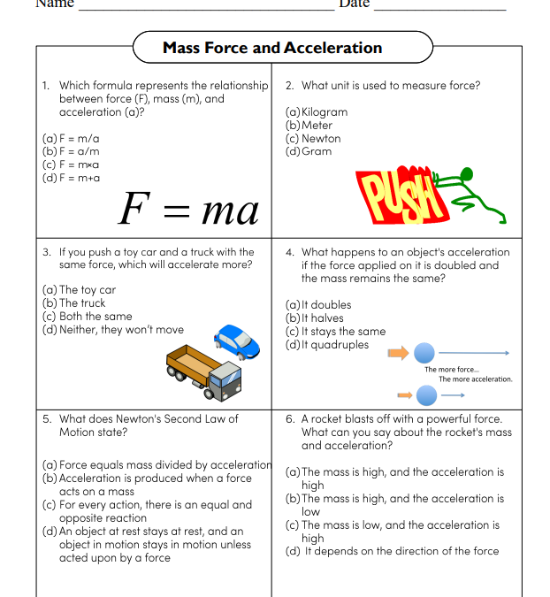 Mass Force and Acceleration Science Worksheet