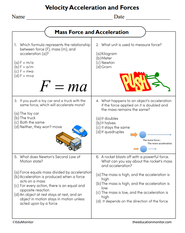 Mass Force and Acceleration Science Worksheet