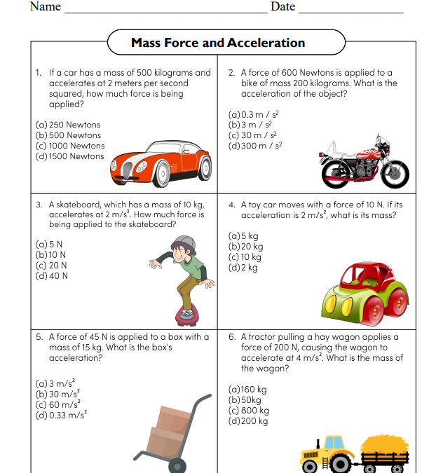 Mass Force and Acceleration Science Worksheet