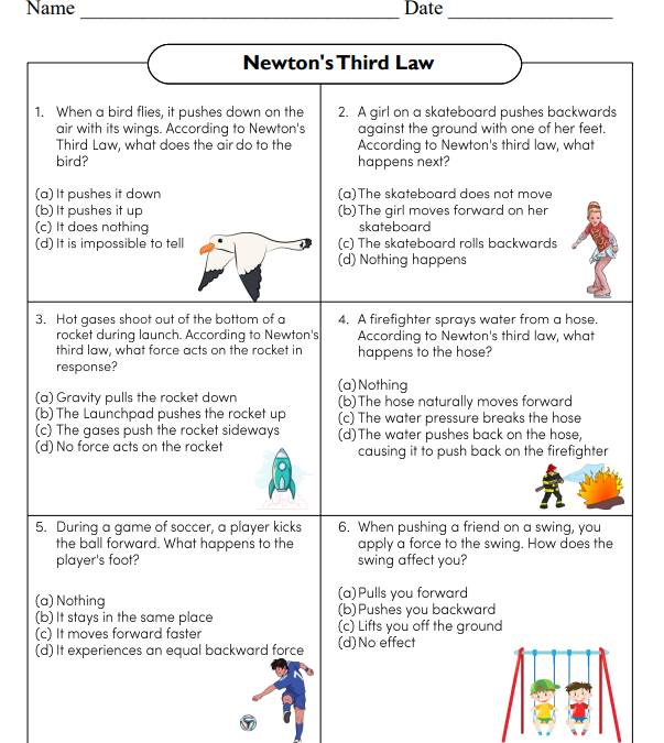 Newton’s Third Law Science Worksheet