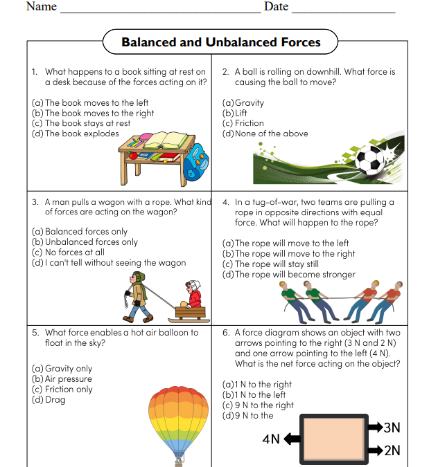 Balanced and Unbalanced Forces Science Worksheet