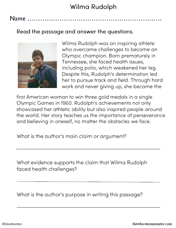 Wilma Rudolph Reading Comprehension Worksheet for Grade 6 - EduMonitor