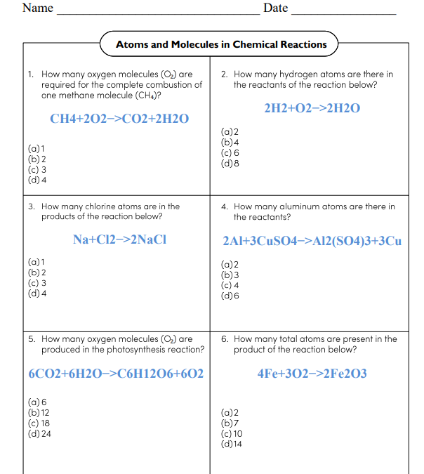 Atoms and Molecules in Chemical Reactions Science Worksheet