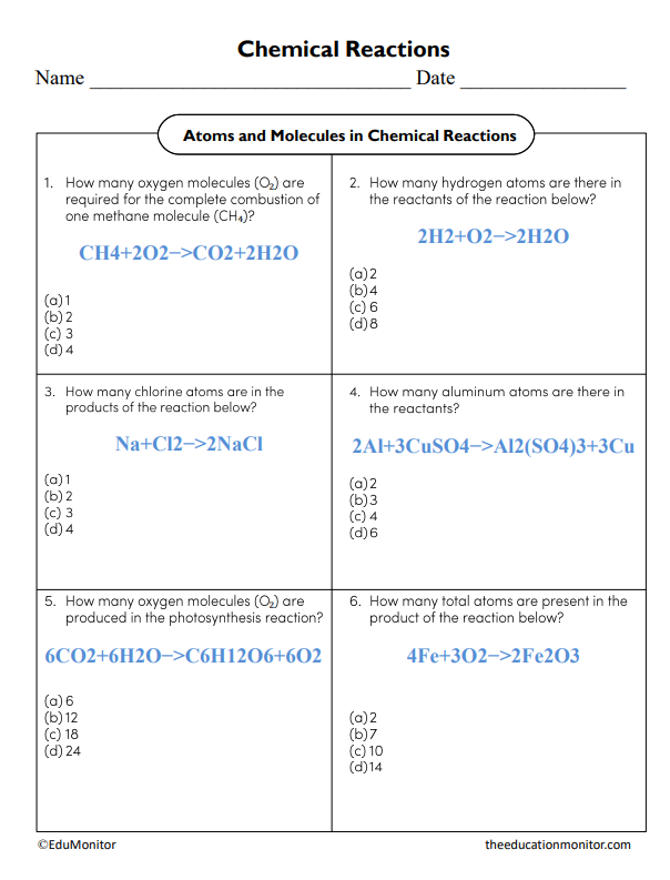 Chemical Reactions Science Worksheet 2_EduMonitor Atoms and Molecules in Chemical Reactions Science Worksheet