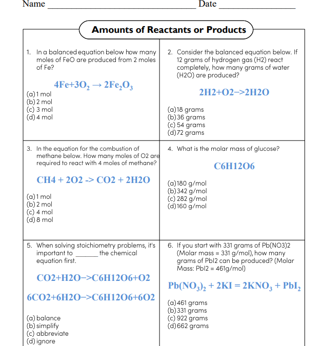 Amounts of Reactants or Products in Chemical Reactions Worksheet