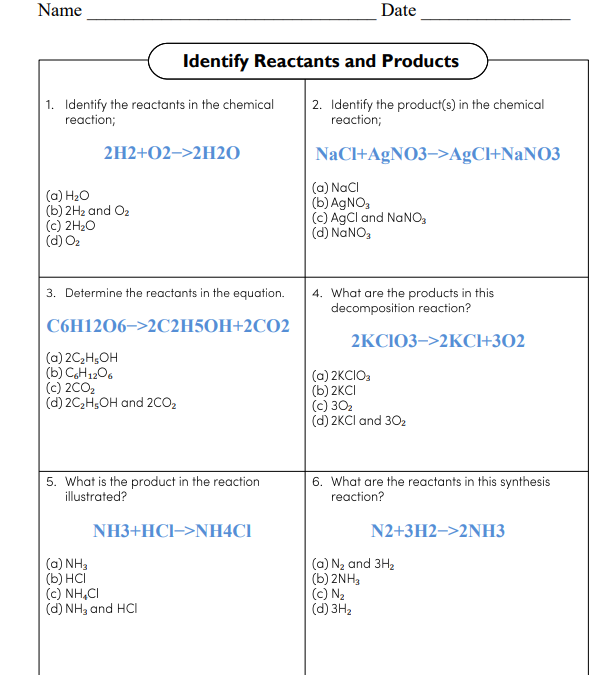 Identifying Reactants and Products Science Worksheet