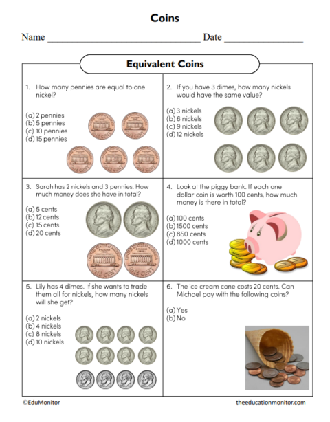 Equivalent Coins Financial Literacy Worksheet - EduMonitor | Science ...