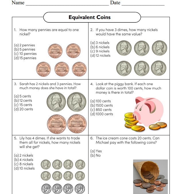 Equivalent Coins Financial Literacy Worksheet