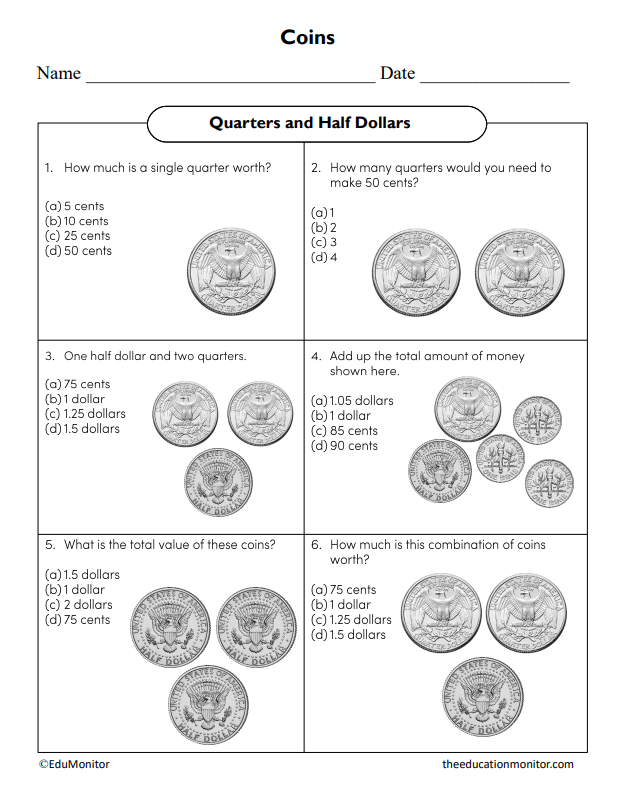 Quarters and Half Dollars Financial Literacy Worksheet