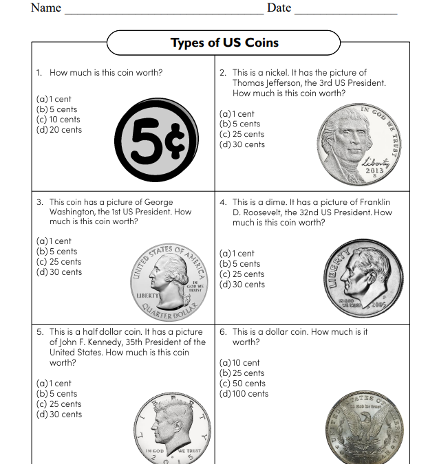 US Coins Financial Literacy Worksheet
