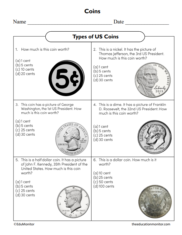 US Coins Financial Literacy Worksheet