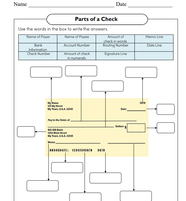Parts of a Check Financial Literacy Worksheet