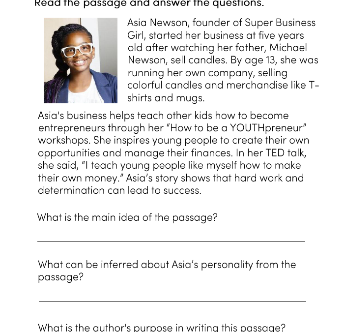Super Business Girl Asia Newson Reading Comprehension Worksheet