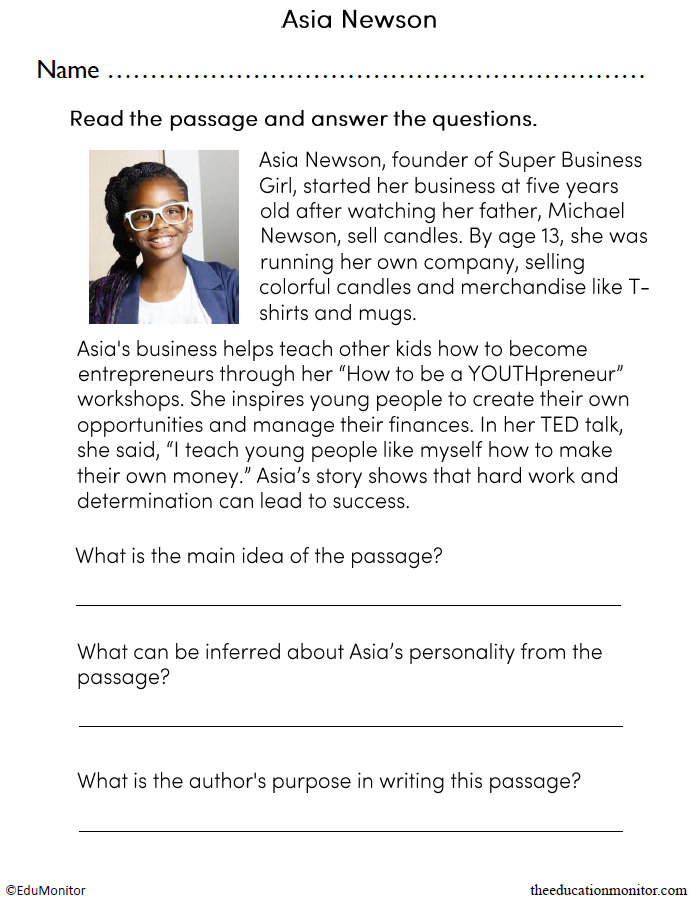 Super Business Girl Asia Newson Reading Comprehension Worksheet