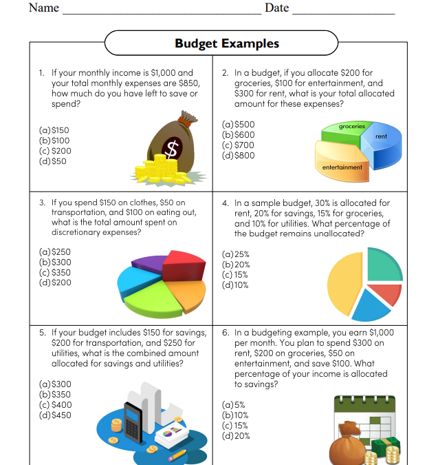 Budget Examples Financial Literacy Worksheet