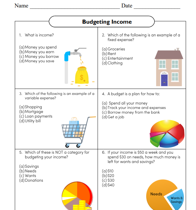 Budgeting Income Financial Literacy Worksheet