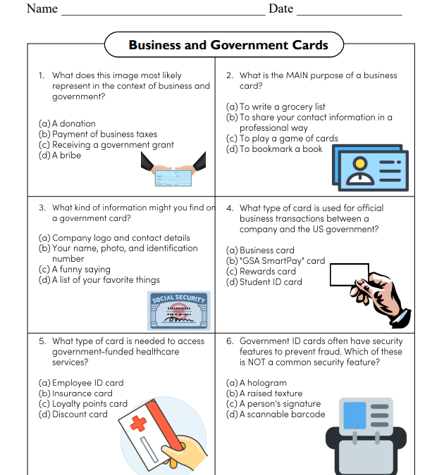 Business and Government Cards Worksheet