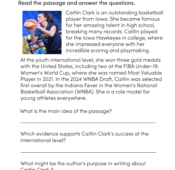 Caitlin Clark Reading Comprehension Worksheet for 8th Grade