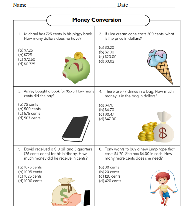 Convert Cents to Dollars Financial Literacy Worksheet