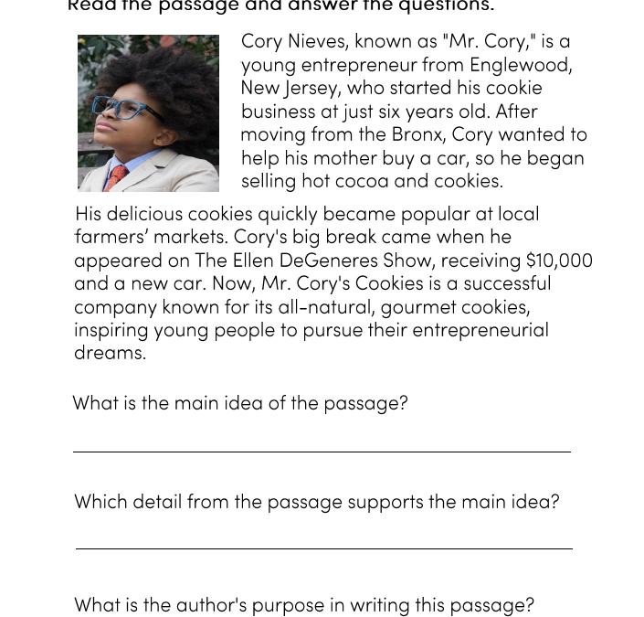Young Entrepreneur Cory Nieves Reading Comprehension Worksheet