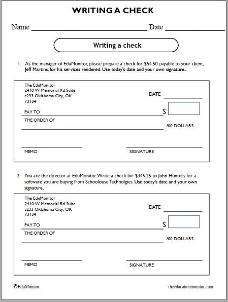 Writing a Check Financial Literacy Worksheet - EduMonitor