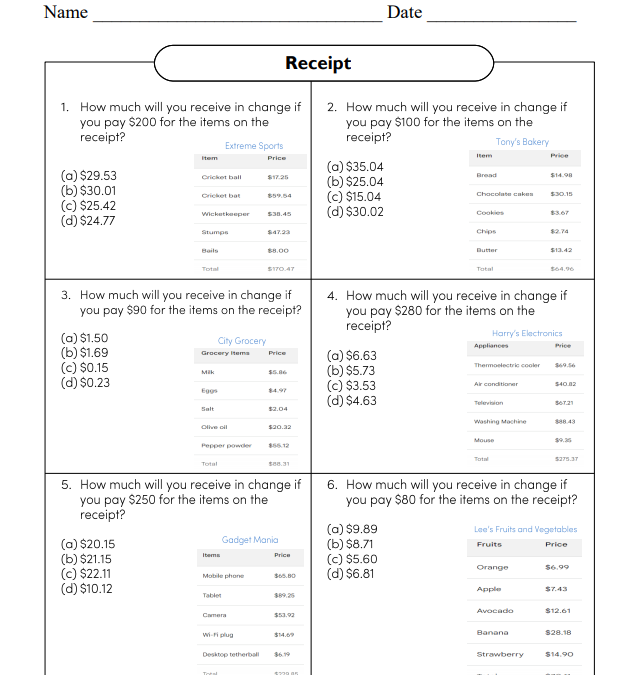 How Much Change Financial Literacy Worksheet