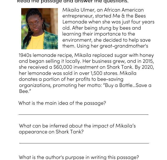 Entrepreneur Mikaila Ulmer Reading Comprehension Worksheet