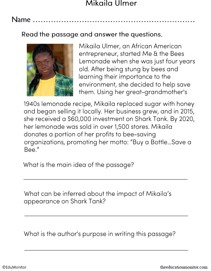 Mikaila Ulmer Reading Comprehension Worksheet for Grade 8