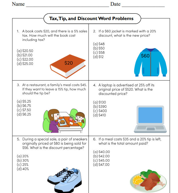 Tax Tip and Discount Word Problems Worksheet