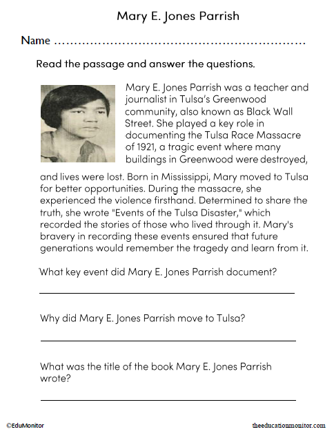 Black Wall Street Teacher and Journalist Mary E. Jones Parrish Worksheet