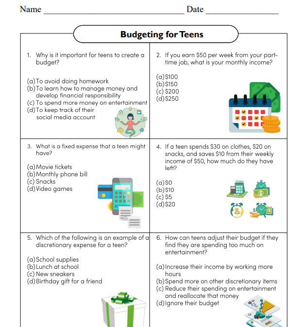 Budgeting for Teens Financial Literacy Worksheet