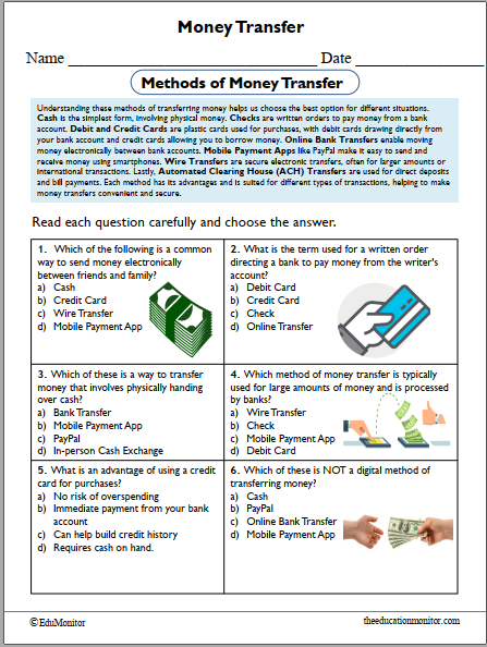 Methods of Transfering Money Worksheet for Grade 7 pdf