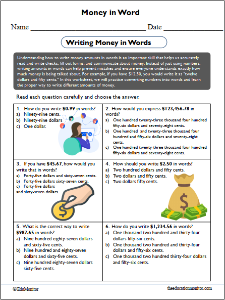 Writing Money Amounts in Words Worksheet pdf