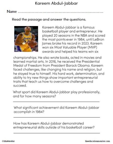 Nba Worksheet NBA Legend and Entrepreneur Kareem Abdul-Jabbar Worksheet - EduMonitor ...