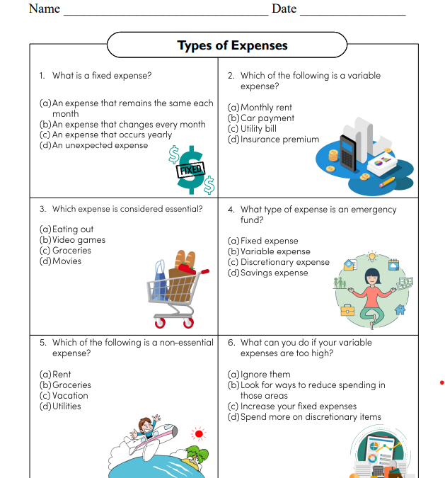 Types of Expenses Financial Literacy Worksheet
