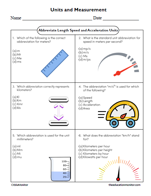 Abbreviate Length Speed and Acceleration Units Worksheet for Grade 8 Abbreviate Length Speed and Acceleration Units Worksheet