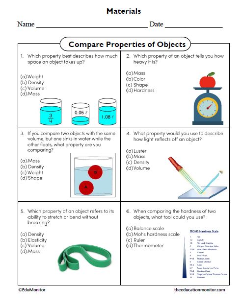 Compare Properties of Objects Science Worksheet for Grade 5 Compare Properties of Objects Science Worksheet for Grade 5