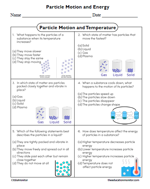 Particle Motion and Temperature Science Worksheet for Grade 6 