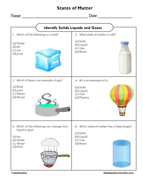 Solids Liquids and Gases Science Worksheet