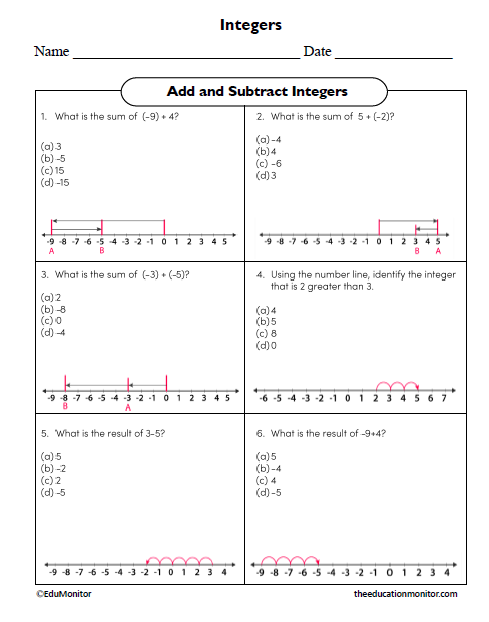 Add and Subtract Integers Eighth Grade Math Worksheet Add and Subtract Integers Eighth Grade Math Worksheet