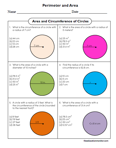 Area and Circumference of Circles Eighth Grade Math Worksheet