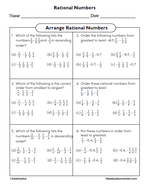 Arrange Rational Numbers Eighth Grade Math Worksheet - EduMonitor ...