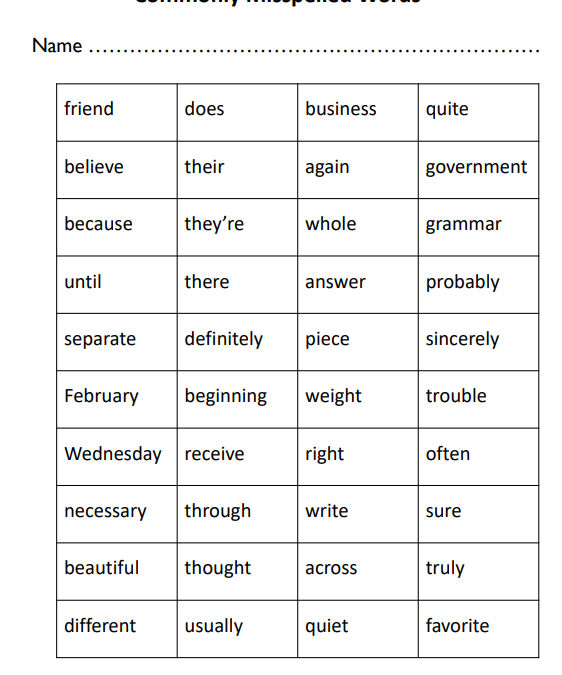 Commonly Misspelled Words for Elementary Students